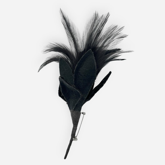 Vintage Black Velvet Feather Boutonniere Brooch Pin Flower Floral Bronze Stems - Picture 2 of 5